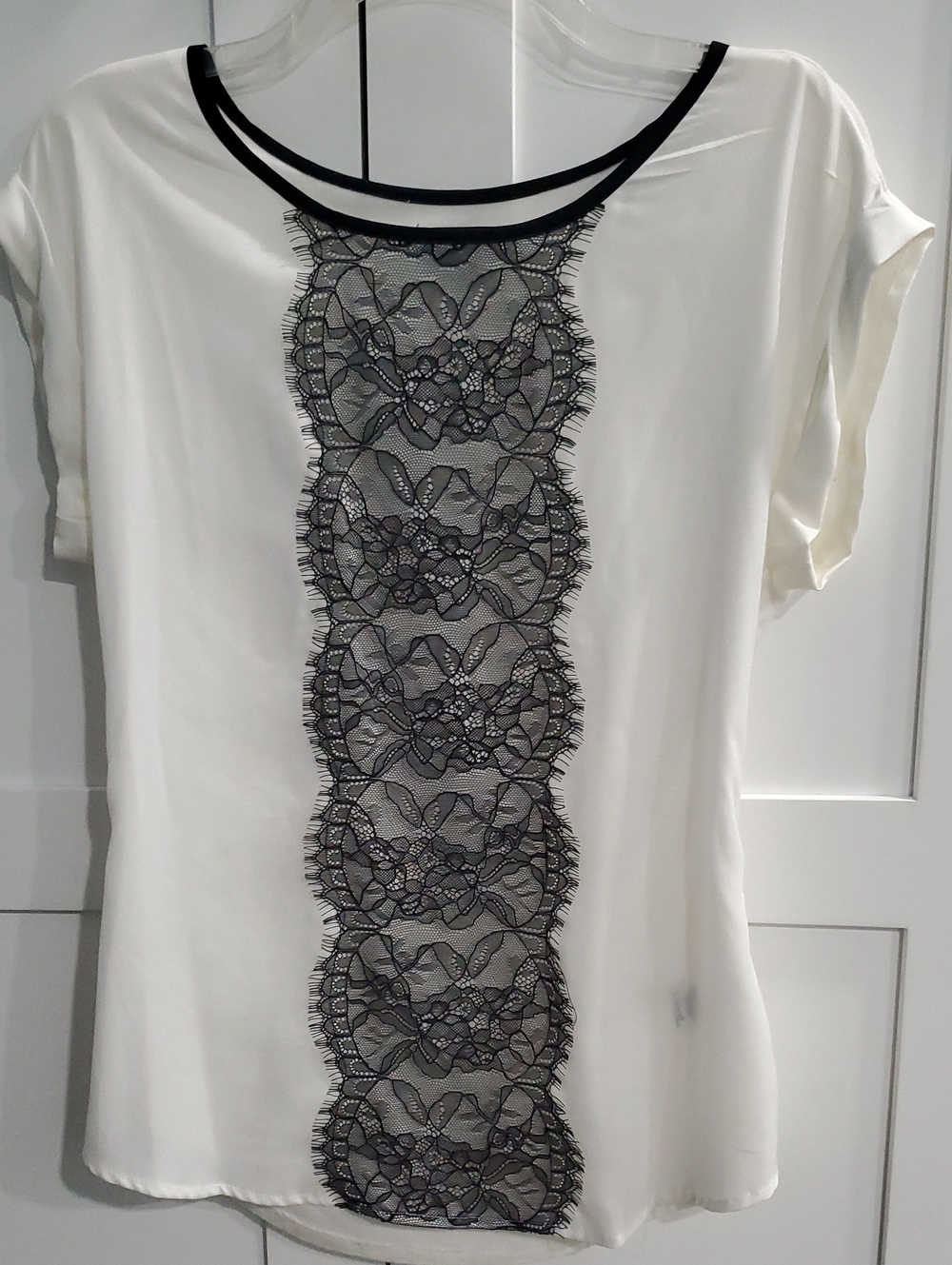 Metaphor White Short-Sleeve Blouse with Black Lace Front